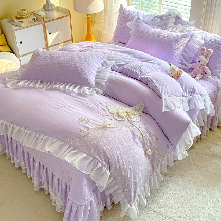 91家纺网 家纺一手货源 找家纺 （总）漫布云2025春夏新品韩版公主风超柔水洗棉床盖夏被款四件套刺绣针织棉双层纱纯棉棉麻全棉公主风床盖款四件套