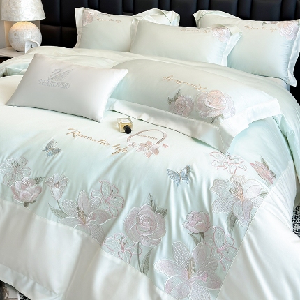 91家纺网 家纺一手货源 找家纺 春夏新品50*50S贡缎长绒棉刺绣四件套纯棉床单床笠高档礼盒装 清新绿-百合-贡缎长绒棉