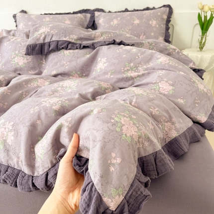 91家纺网 家纺一手货源 找家纺 （总）【苏东来】2025韩版皱皱花边纯棉全棉双层纱四件套小碎花印花韩版蕾丝花边双层纱四件套小清新公主风韩系四件套针织棉四件套件