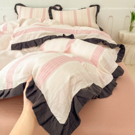 91家纺网 家纺一手货源 找家纺 （总）【苏东来】2025韩版皱皱花边纯棉全棉双层纱四件套小碎花印花韩版蕾丝花边双层纱四件套小清新公主风韩系四件套针织棉四件套件