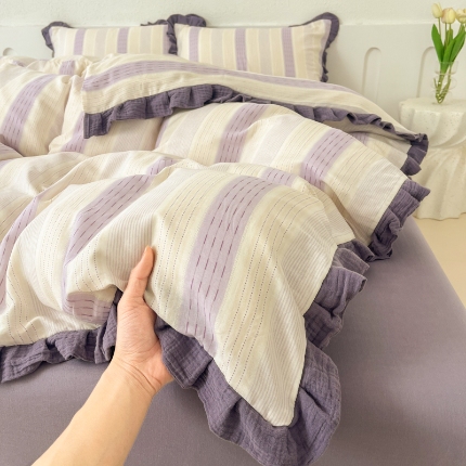 91家纺网 家纺一手货源 找家纺 （总）【苏东来】2025韩版皱皱花边纯棉全棉双层纱四件套小碎花印花韩版蕾丝花边双层纱四件套小清新公主风韩系四件套针织棉四件套件