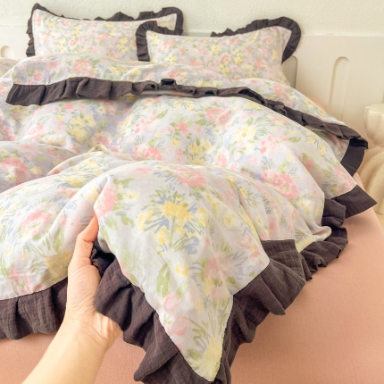 91家纺网 家纺一手货源 找家纺 （总）【苏东来】2025韩版皱皱花边纯棉全棉双层纱四件套小碎花印花韩版蕾丝花边双层纱四件套小清新公主风韩系四件套针织棉四件套件