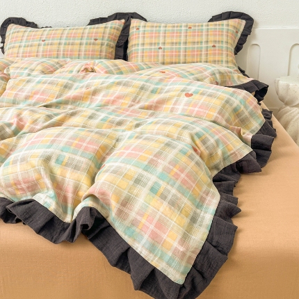 91家纺网 家纺一手货源 找家纺 （总）【苏东来】2025韩版皱皱花边纯棉全棉双层纱四件套小碎花印花韩版蕾丝花边双层纱四件套小清新公主风韩系四件套针织棉四件套件