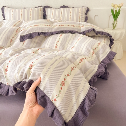 91家纺网 家纺一手货源 找家纺 （总）【苏东来】2025韩版皱皱花边纯棉全棉双层纱四件套小碎花印花韩版蕾丝花边双层纱四件套小清新公主风韩系四件套针织棉四件套件