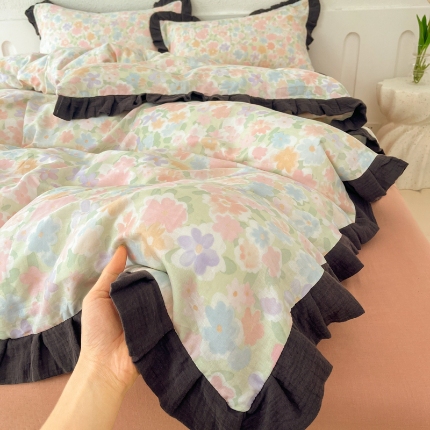 91家纺网 家纺一手货源 找家纺 （总）【苏东来】2025韩版皱皱花边纯棉全棉双层纱四件套小碎花印花韩版蕾丝花边双层纱四件套小清新公主风韩系四件套针织棉四件套件