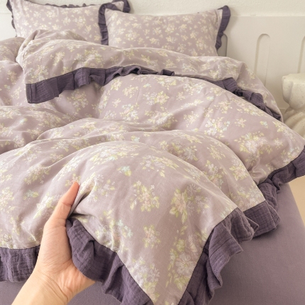 91家纺网 家纺一手货源 找家纺 （总）【苏东来】2025韩版皱皱花边纯棉全棉双层纱四件套小碎花印花韩版蕾丝花边双层纱四件套小清新公主风韩系四件套针织棉四件套件