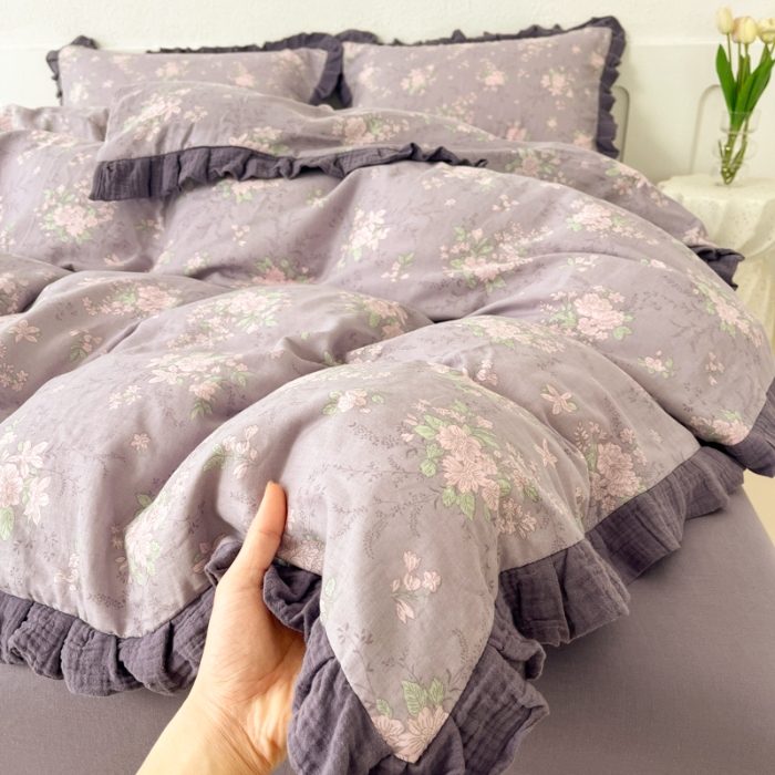 91家纺网 家纺一手货源 找家纺 （总）【苏东来】2025韩版皱皱花边纯棉全棉双层纱四件套小碎花印花韩版蕾丝花边双层纱四件套小清新公主风韩系四件套针织棉四件套件