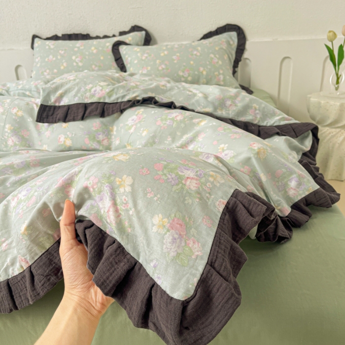 91家纺网 家纺一手货源 找家纺 （总）【苏东来】2025韩版皱皱花边纯棉全棉双层纱四件套小碎花印花韩版蕾丝花边双层纱四件套小清新公主风韩系四件套针织棉四件套件