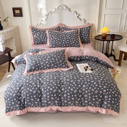 91家纺网 家纺一手货源 找家纺 （总）苏米娜家纺2025韩版复古花边针织棉双层纱四件套A类母婴级有氧双层纱针织棉亲肤小清新印花