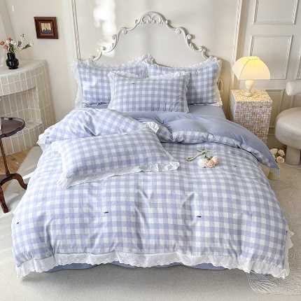 91家纺网 家纺一手货源 找家纺 （总）苏米娜家纺2025韩版复古花边针织棉双层纱四件套A类母婴级有氧双层纱针织棉亲肤小清新印花