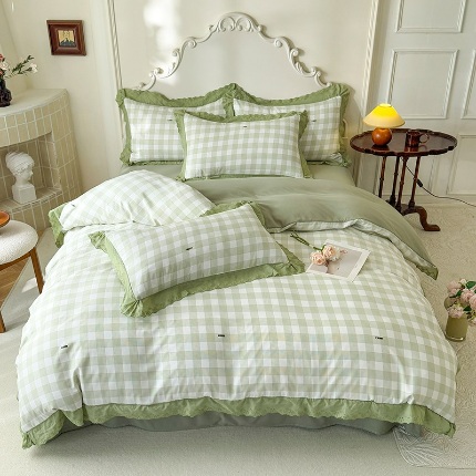 91家纺网 家纺一手货源 找家纺 （总）苏米娜家纺2025韩版复古花边针织棉双层纱四件套A类母婴级有氧双层纱针织棉亲肤小清新印花