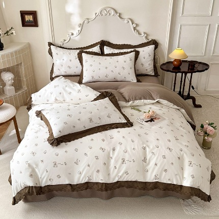 91家纺网 家纺一手货源 找家纺 （总）苏米娜家纺2025韩版复古花边针织棉双层纱四件套A类母婴级有氧双层纱针织棉亲肤小清新印花