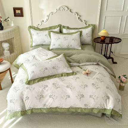 91家纺网 家纺一手货源 找家纺 （总）苏米娜家纺2025韩版复古花边针织棉双层纱四件套A类母婴级有氧双层纱针织棉亲肤小清新印花