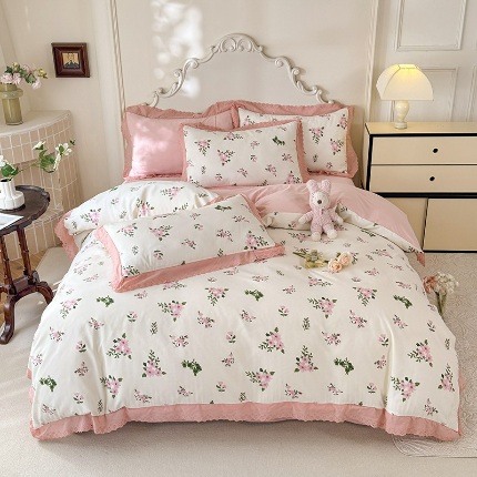 91家纺网 家纺一手货源 找家纺 （总）苏米娜家纺2025韩版复古花边针织棉双层纱四件套A类母婴级有氧双层纱针织棉亲肤小清新印花