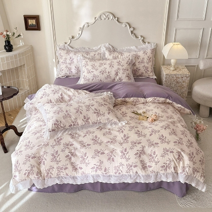 91家纺网 家纺一手货源 找家纺 （总）苏米娜家纺2025韩版复古花边针织棉双层纱四件套A类母婴级有氧双层纱针织棉亲肤小清新印花