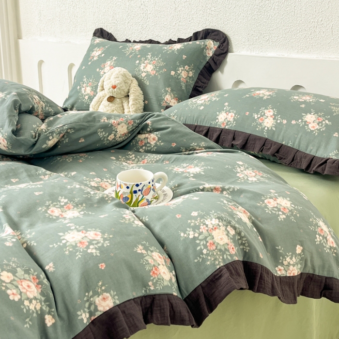 91家纺网 家纺一手货源 找家纺 【苏东来】2025韩版皱皱花边纯棉全棉双层纱四件套小碎花印花韩版蕾丝花边双层纱四件套小清新公主风韩系四件套针织棉四件套件 晚香玉