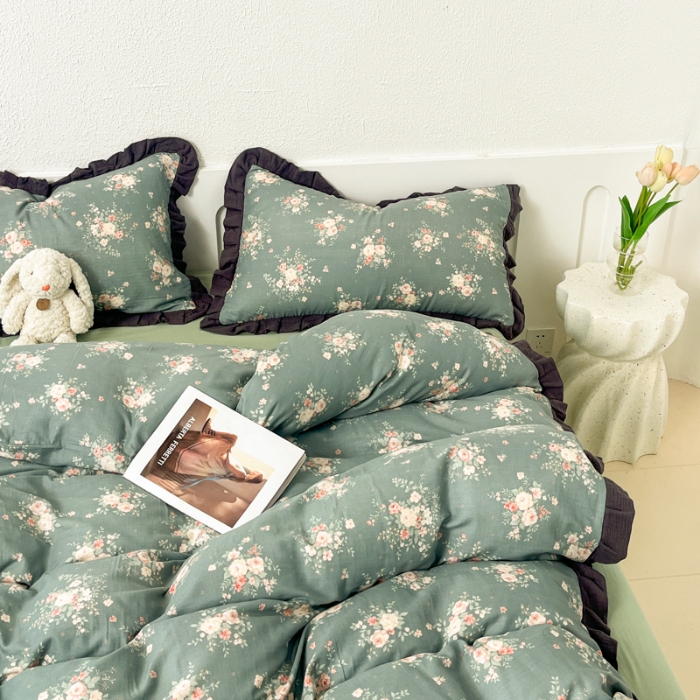 91家纺网 家纺一手货源 找家纺 【苏东来】2025韩版皱皱花边纯棉全棉双层纱四件套小碎花印花韩版蕾丝花边双层纱四件套小清新公主风韩系四件套针织棉四件套件 晚香玉