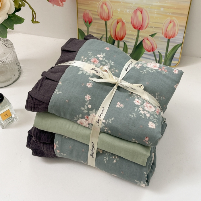 91家纺网 家纺一手货源 找家纺 【苏东来】2025韩版皱皱花边纯棉全棉双层纱四件套小碎花印花韩版蕾丝花边双层纱四件套小清新公主风韩系四件套针织棉四件套件 晚香玉