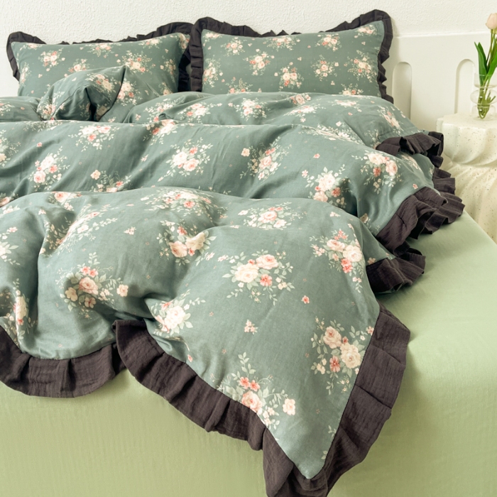 91家纺网 家纺一手货源 找家纺 【苏东来】2025韩版皱皱花边纯棉全棉双层纱四件套小碎花印花韩版蕾丝花边双层纱四件套小清新公主风韩系四件套针织棉四件套件 晚香玉