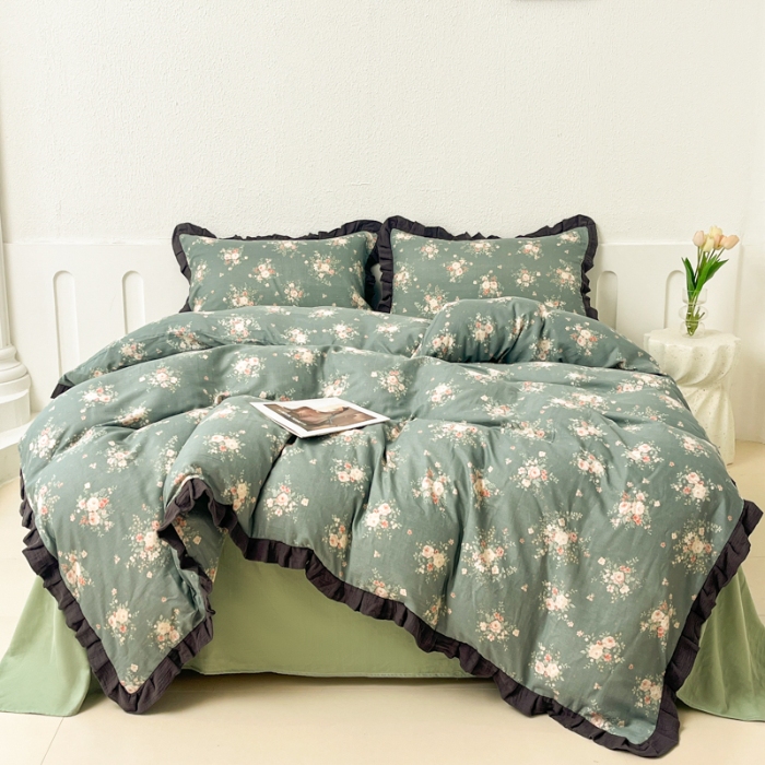 91家纺网 家纺一手货源 找家纺 【苏东来】2025韩版皱皱花边纯棉全棉双层纱四件套小碎花印花韩版蕾丝花边双层纱四件套小清新公主风韩系四件套针织棉四件套件 晚香玉