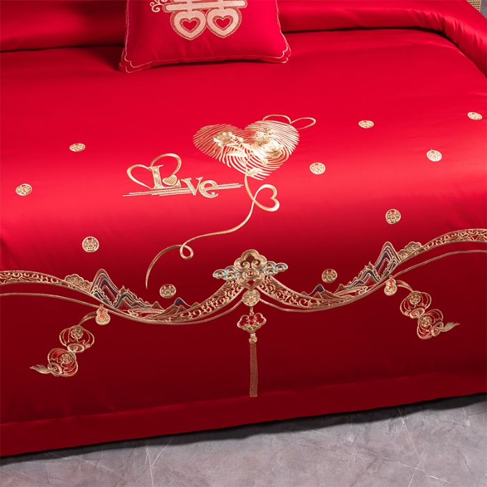 91家纺网 家纺一手货源 找家纺 博之洋婚庆 2025新款全棉长绒棉刺绣新中式婚庆系列多件套 牵手一生