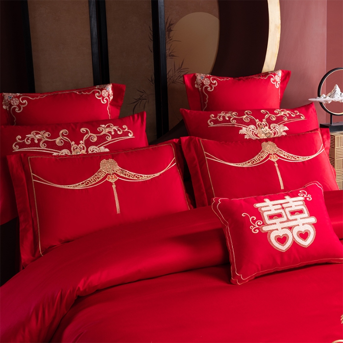 91家纺网 家纺一手货源 找家纺 博之洋婚庆 2025新款全棉长绒棉刺绣新中式婚庆系列多件套 牵手一生