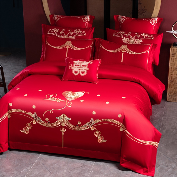 91家纺网 家纺一手货源 找家纺 博之洋婚庆 2025新款全棉长绒棉刺绣新中式婚庆系列多件套 牵手一生