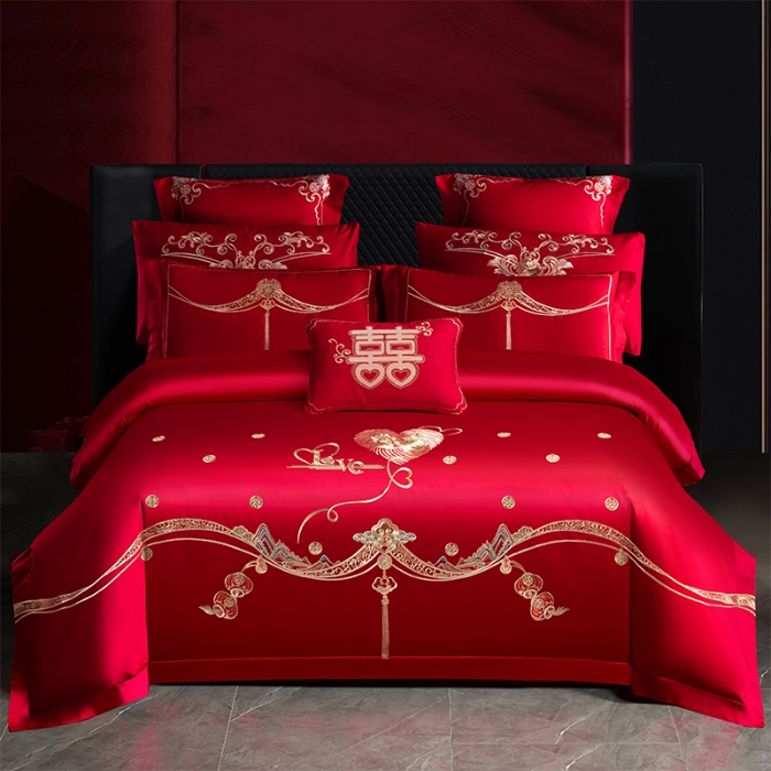 91家纺网 家纺一手货源 找家纺 博之洋婚庆 2025新款全棉长绒棉刺绣新中式婚庆系列多件套 牵手一生