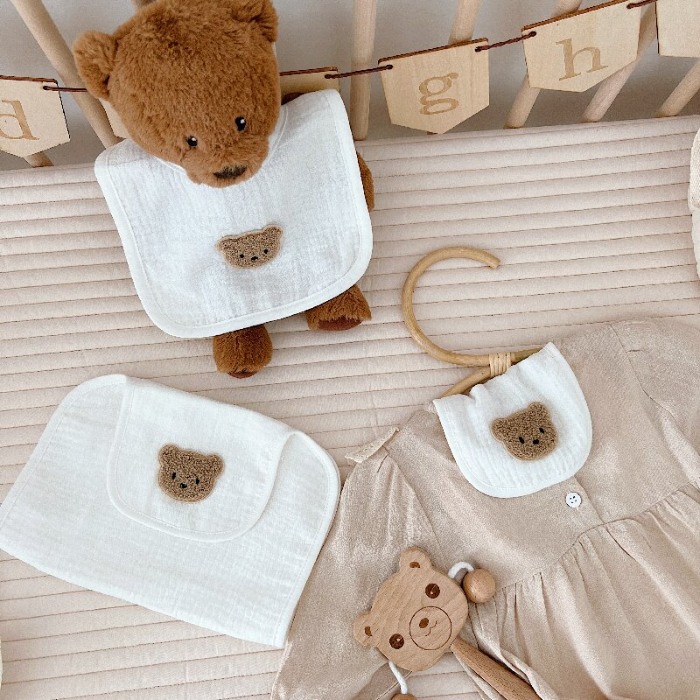 91家纺网 家纺一手货源 找家纺 （总）小熊全棉绉纱布婴儿吸汗巾幼儿园A类透气可爱宝宝儿童纯棉隔汗巾