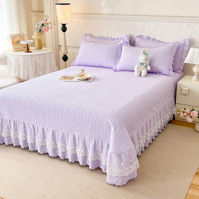 91家纺网 家纺一手货源 找家纺 2025韩版少女心法式公主风水洗棉蕾丝花边夏被床盖款四件套泡泡棉小竺棉凉蝴蝶结夏被床盖款四件套 蜜可儿-梦幻紫