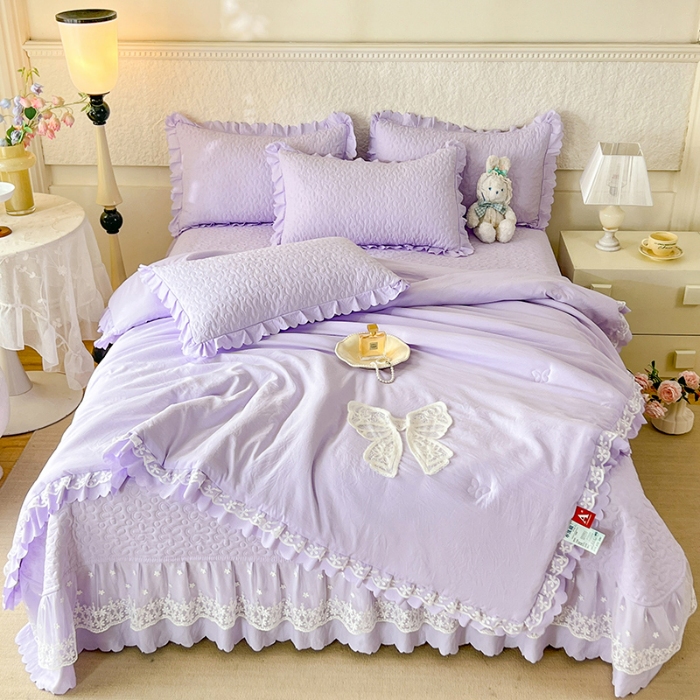 91家纺网 家纺一手货源 找家纺 2025韩版少女心法式公主风水洗棉蕾丝花边夏被床盖款四件套泡泡棉小竺棉凉蝴蝶结夏被床盖款四件套 蜜可儿-梦幻紫