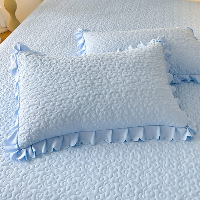 91家纺网 家纺一手货源 找家纺 2025韩版少女心法式公主风水洗棉蕾丝花边夏被床盖款四件套泡泡棉小竺棉凉蝴蝶结夏被床盖款四件套  蜜可儿-婴儿蓝