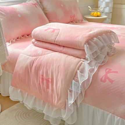 （总）2025 新款豆豆凉席花边印花床单款豆豆软凉席夏被四件套