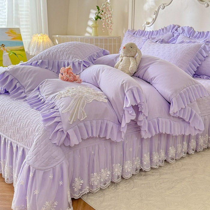 91家纺网 家纺一手货源 找家纺 漫布云家纺2025春夏新品韩版甜美公主风超柔水洗棉床盖四件套刺绣针织棉双层纱纯棉棉麻全棉少女心夹棉床裙款夏被款床盖 花夕-梦幻紫 