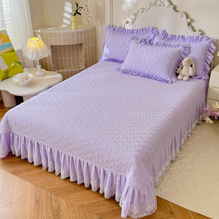 91家纺网 家纺一手货源 找家纺 漫布云家纺2025春夏新品韩版甜美公主风超柔水洗棉床盖四件套刺绣针织棉双层纱纯棉棉麻全棉少女心夹棉床裙款夏被款床盖 花夕-梦幻紫 