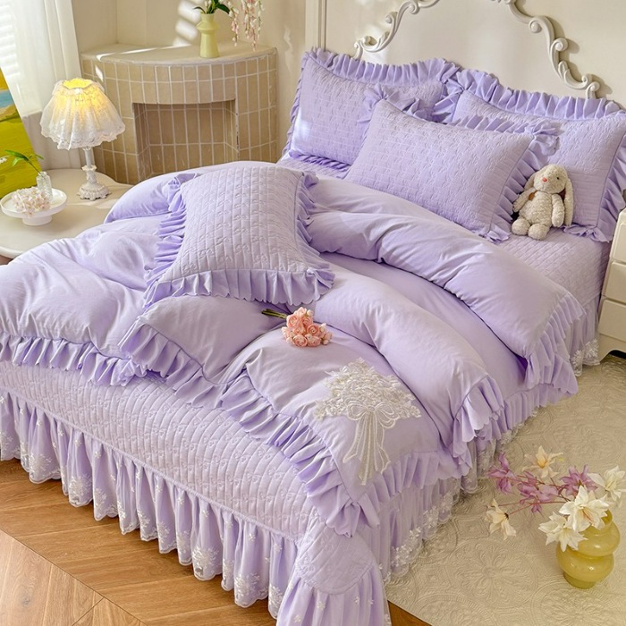 91家纺网 家纺一手货源 找家纺 漫布云家纺2025春夏新品韩版甜美公主风超柔水洗棉床盖四件套刺绣针织棉双层纱纯棉棉麻全棉少女心夹棉床裙款夏被款床盖 花夕-梦幻紫 