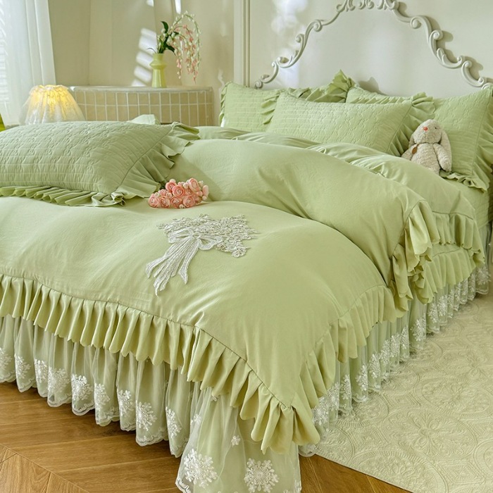 91家纺网 家纺一手货源 找家纺 漫布云家纺2025春夏新品韩版甜美公主风超柔水洗棉床盖四件套刺绣针织棉双层纱纯棉棉麻全棉少女心夹棉床裙款夏被款床盖 花夕-嫩芽绿