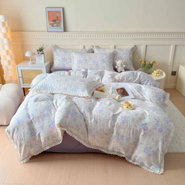 91家纺网 家纺一手货源 找家纺 【苏东来】2025韩版蕾丝花边纯棉全棉双层纱四件套全棉纯棉小碎花印花四件套小清新公主风韩系皱皱纱花边四件套针织棉四件套件 暗香