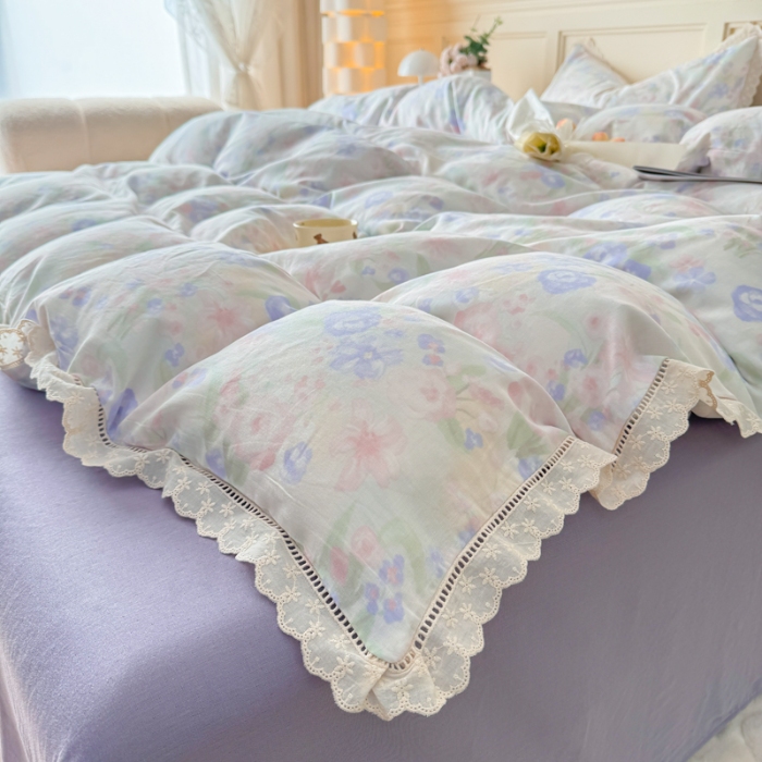 91家纺网 家纺一手货源 找家纺 【苏东来】2025韩版蕾丝花边纯棉全棉双层纱四件套全棉纯棉小碎花印花四件套小清新公主风韩系皱皱纱花边四件套针织棉四件套件 暗香