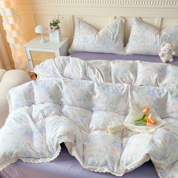 91家纺网 家纺一手货源 找家纺 【苏东来】2025韩版蕾丝花边纯棉全棉双层纱四件套全棉纯棉小碎花印花四件套小清新公主风韩系皱皱纱花边四件套针织棉四件套件 暗香