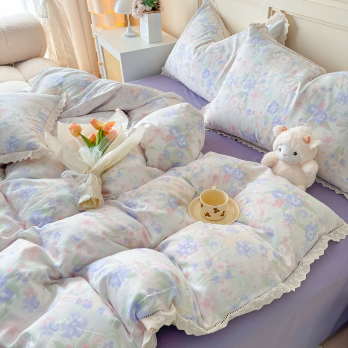 91家纺网 家纺一手货源 找家纺 【苏东来】2025韩版蕾丝花边纯棉全棉双层纱四件套全棉纯棉小碎花印花四件套小清新公主风韩系皱皱纱花边四件套针织棉四件套件 暗香