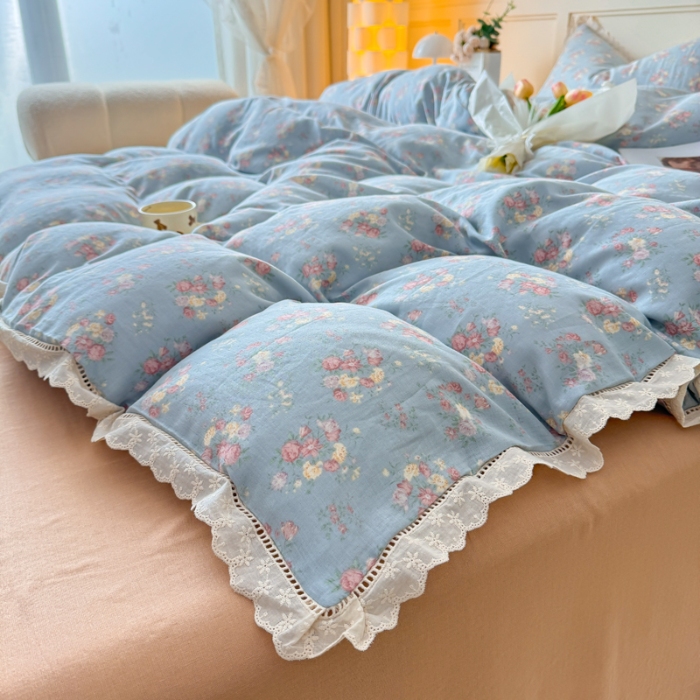 91家纺网 家纺一手货源 找家纺 【苏东来】2025韩版蕾丝花边纯棉全棉双层纱四件套全棉纯棉小碎花印花四件套小清新公主风韩系皱皱纱花边四件套针织棉四件套件 邂逅