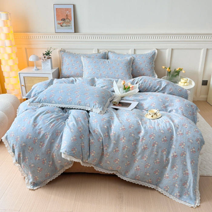 91家纺网 家纺一手货源 找家纺 【苏东来】2025韩版蕾丝花边纯棉全棉双层纱四件套全棉纯棉小碎花印花四件套小清新公主风韩系皱皱纱花边四件套针织棉四件套件 邂逅