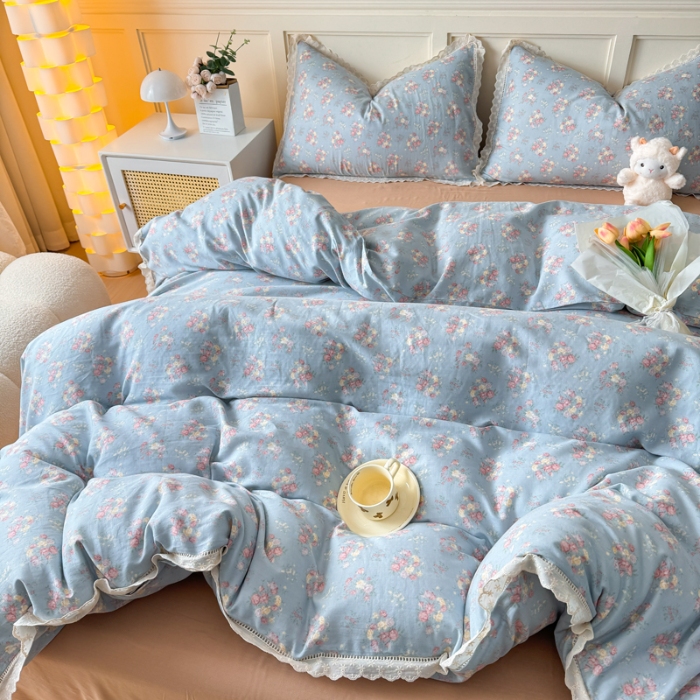 91家纺网 家纺一手货源 找家纺 【苏东来】2025韩版蕾丝花边纯棉全棉双层纱四件套全棉纯棉小碎花印花四件套小清新公主风韩系皱皱纱花边四件套针织棉四件套件 邂逅