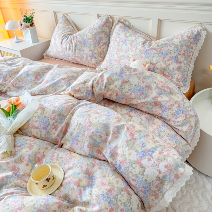 91家纺网 家纺一手货源 找家纺 【苏东来】2025韩版蕾丝花边纯棉全棉双层纱四件套全棉纯棉小碎花印花四件套小清新公主风韩系皱皱纱花边四件套针织棉四件套件 玫瑰庄园 