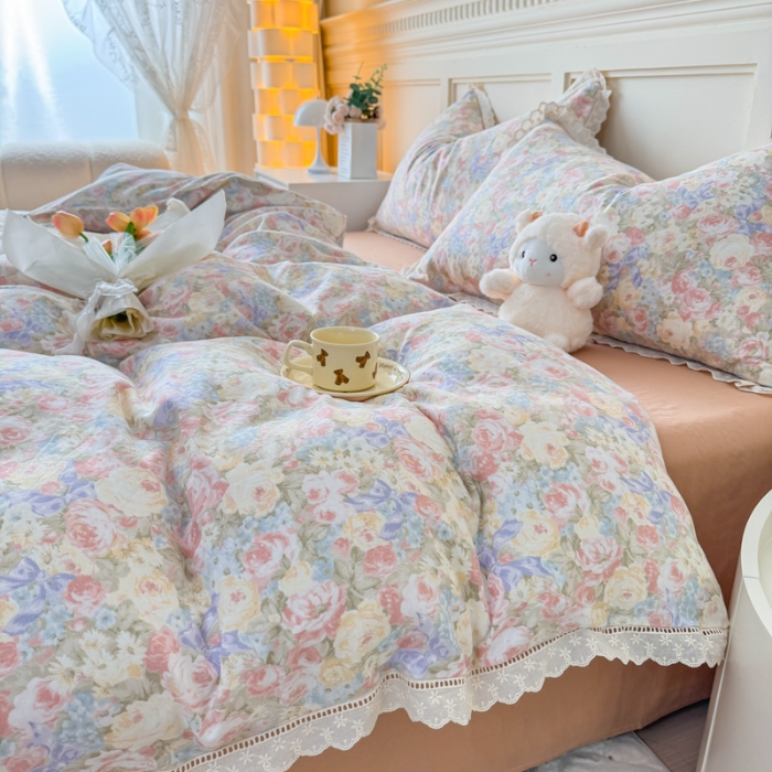 91家纺网 家纺一手货源 找家纺 【苏东来】2025韩版蕾丝花边纯棉全棉双层纱四件套全棉纯棉小碎花印花四件套小清新公主风韩系皱皱纱花边四件套针织棉四件套件 玫瑰庄园 