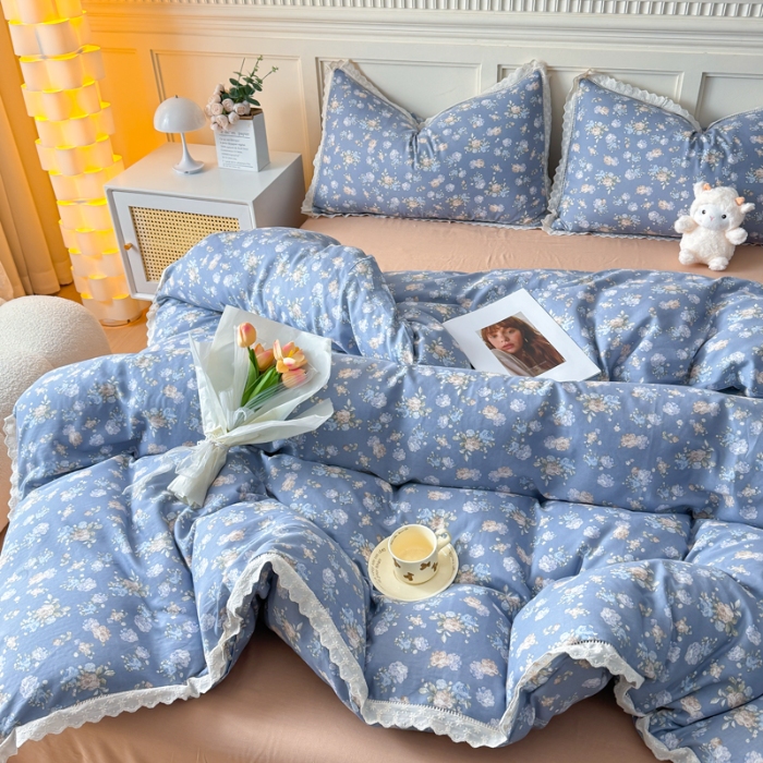 91家纺网 家纺一手货源 找家纺 【苏东来】2025韩版蕾丝花边纯棉全棉双层纱四件套全棉纯棉小碎花印花四件套小清新公主风韩系皱皱纱花边四件套针织棉四件套件 花开半夏