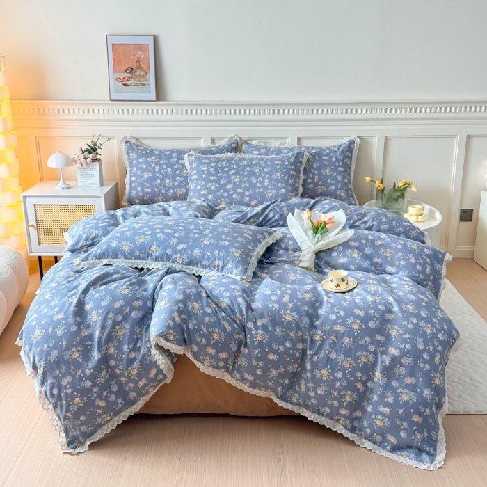 91家纺网 家纺一手货源 找家纺 【苏东来】2025韩版蕾丝花边纯棉全棉双层纱四件套全棉纯棉小碎花印花四件套小清新公主风韩系皱皱纱花边四件套针织棉四件套件 花开半夏