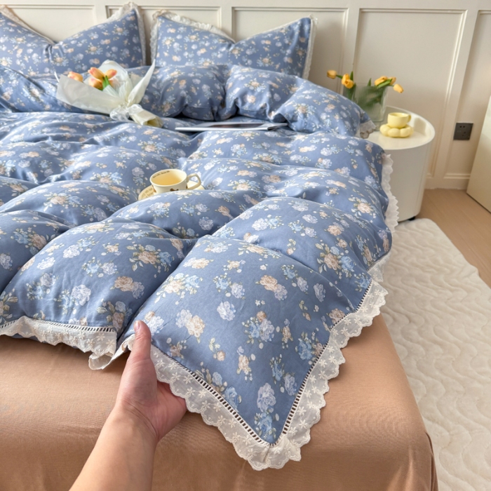 91家纺网 家纺一手货源 找家纺 【苏东来】2025韩版蕾丝花边纯棉全棉双层纱四件套全棉纯棉小碎花印花四件套小清新公主风韩系皱皱纱花边四件套针织棉四件套件 花开半夏