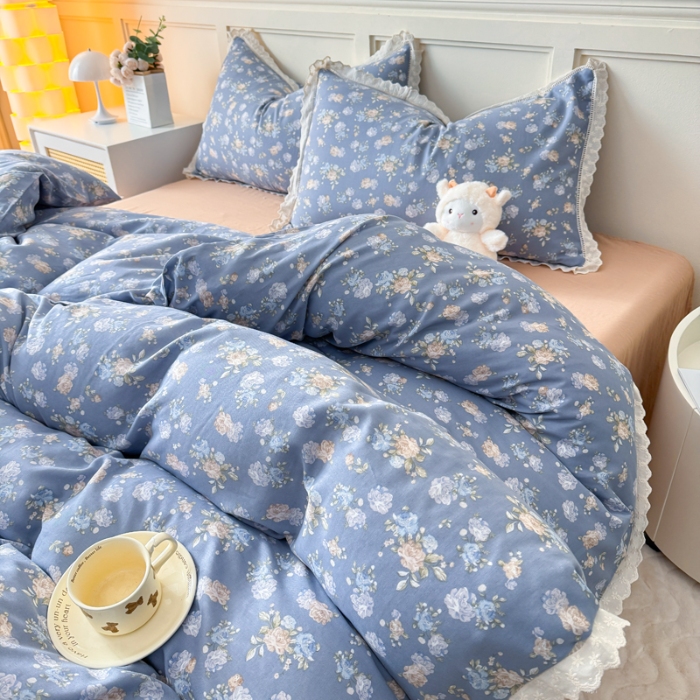 91家纺网 家纺一手货源 找家纺 【苏东来】2025韩版蕾丝花边纯棉全棉双层纱四件套全棉纯棉小碎花印花四件套小清新公主风韩系皱皱纱花边四件套针织棉四件套件 花开半夏